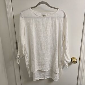 Andrea Jovine 3/4 sleeve 100% Linen Tunic Top, Tie Sleeve, White, Size XL